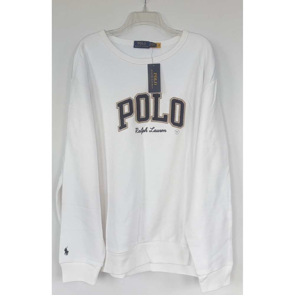 Polo Ralph Lauren Men XXL White Fleece Crewneck Sweatshirt Big Pony Logo USA New